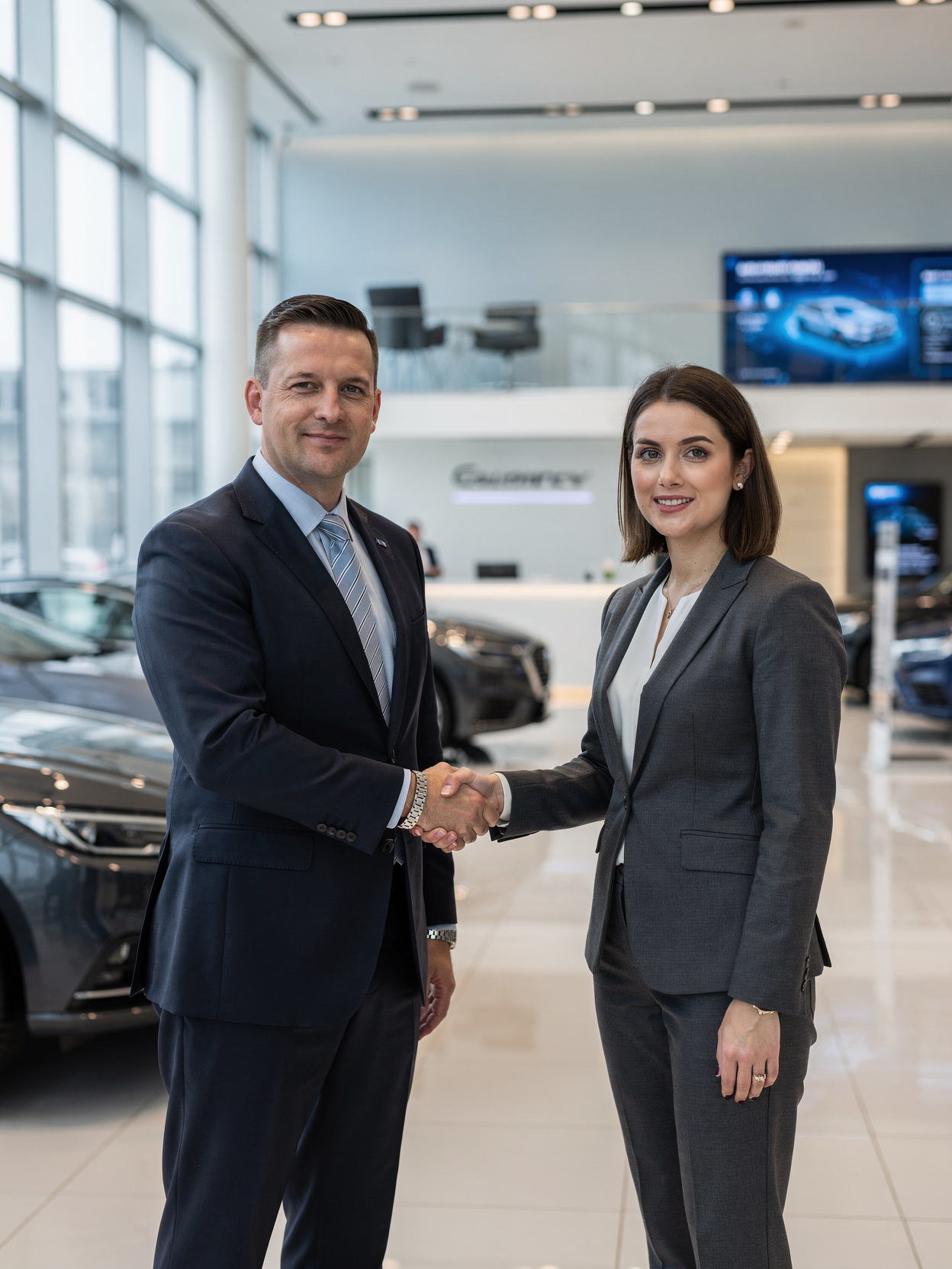 Professional business handshake in automotive dealership setting